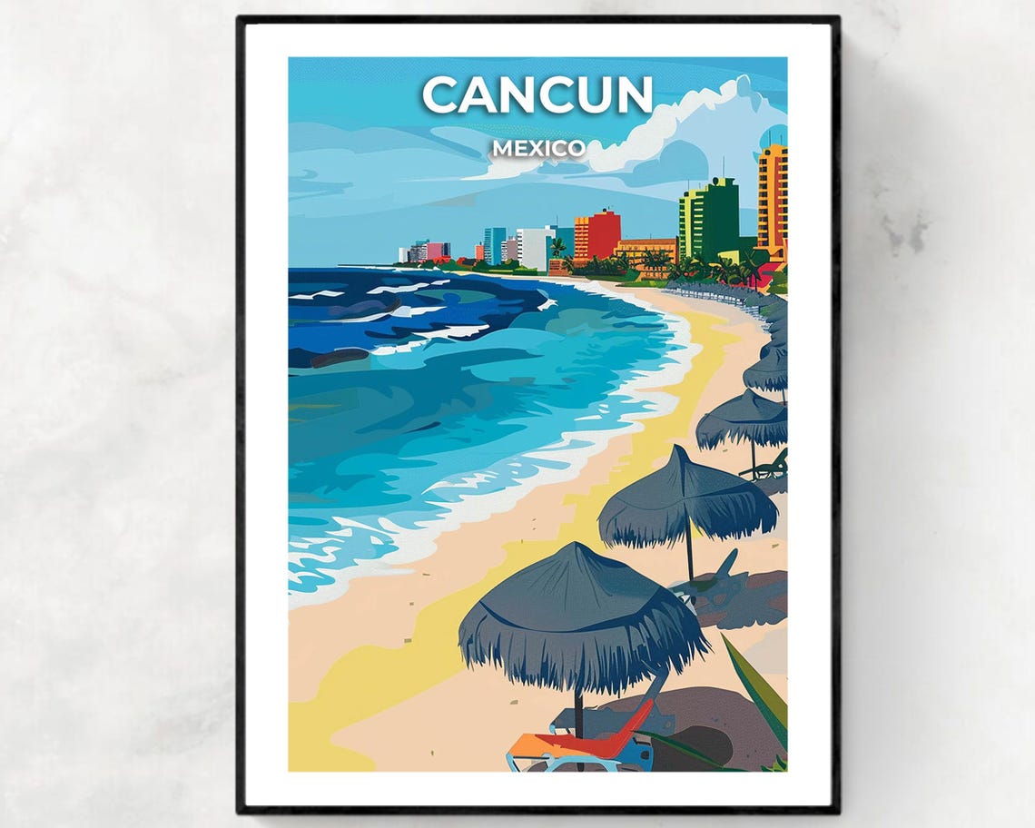 Cancun Mexico Beach Umbrellas Daytime Shoreline Scene Travel Poster