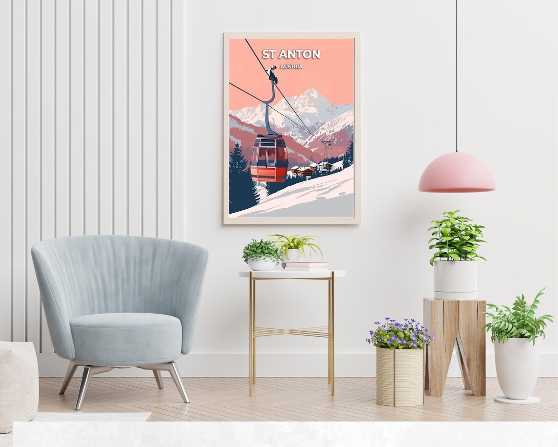 St Anton Austria Cable Car Cabin Above Alpine Village and Peaks Poster - Image 2