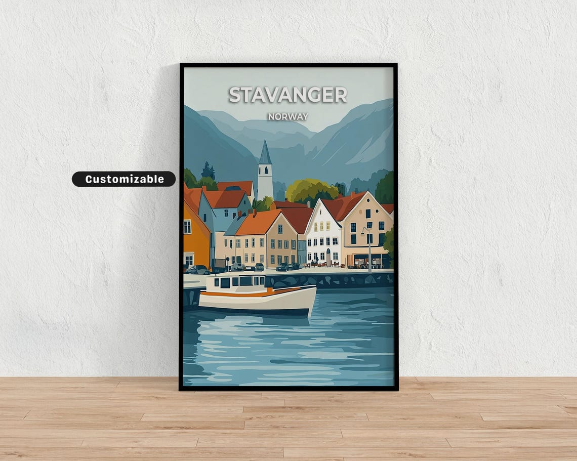 Stavanger Norway Harbor Fishing Boat Red Roofs Mountain Poster