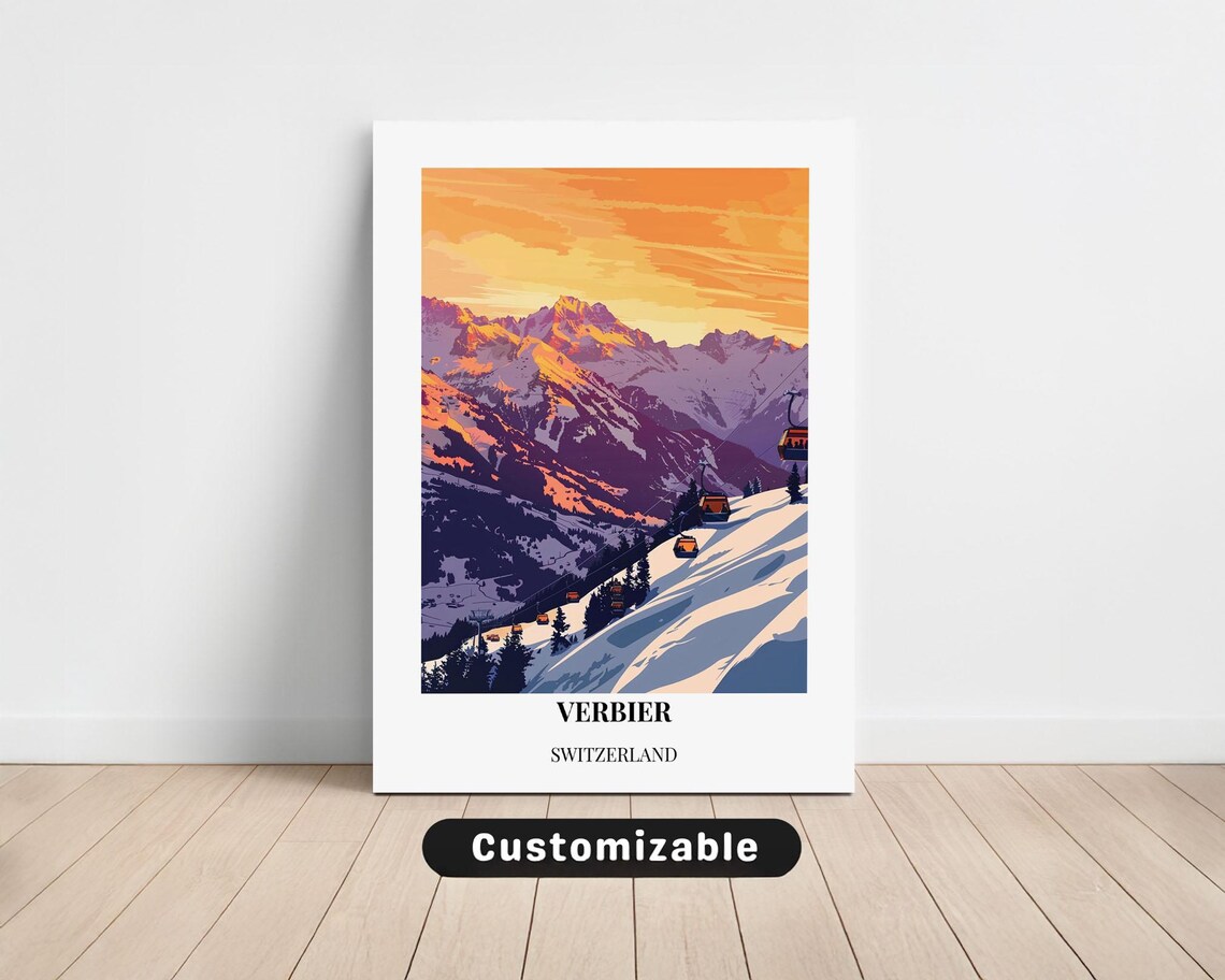 Verbier Switzerland Ski Resort Sunset Alpine Vintage Travel Poster