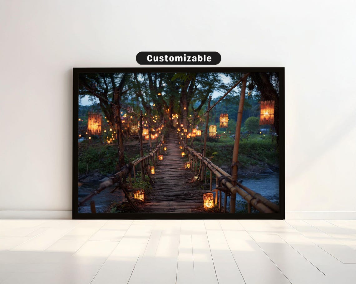 Lanterns On String Crossing Bamboo Bridge Japanese Wall Art Print Zen Asian Decor
