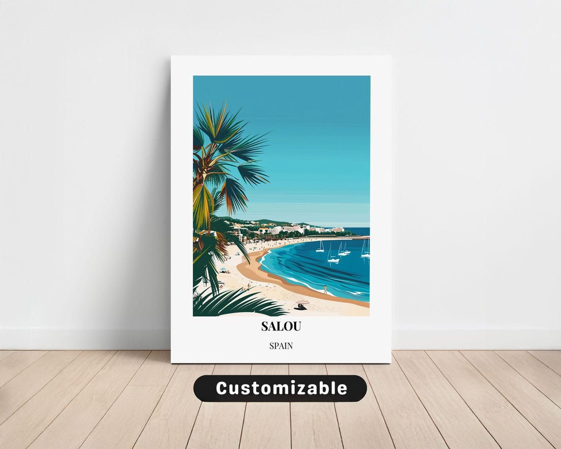 Salou Spain Beach Palm Trees Sailboats Custom Travel Art Poster