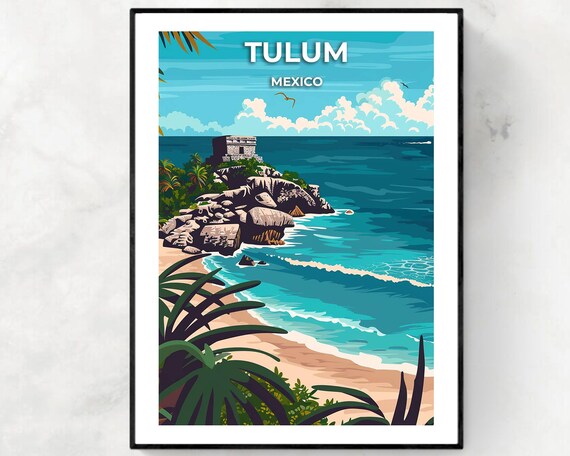 Tulum Mexico Mayan Ruins Clifftop Caribbean Beach Sunset Poster