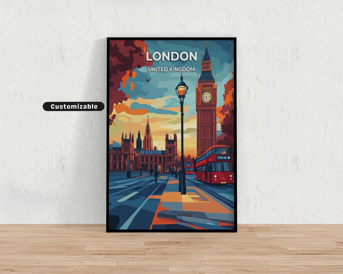 London Big Ben Red Bus Westminster Vintage Style Travel Poster