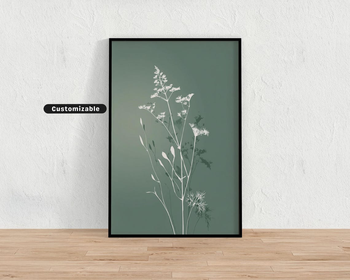 White Botanical Wildflower Silhouette Sage Green Minimalist Poster