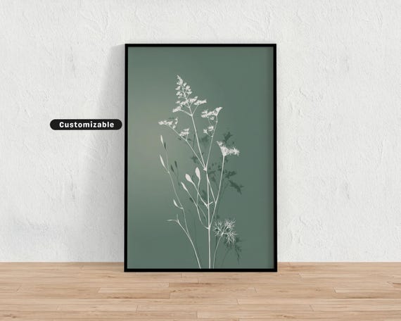 Delicate Plant Silhouette In White On Muted Green Background Minimal Botanical Wall Art Neutral Nature Print