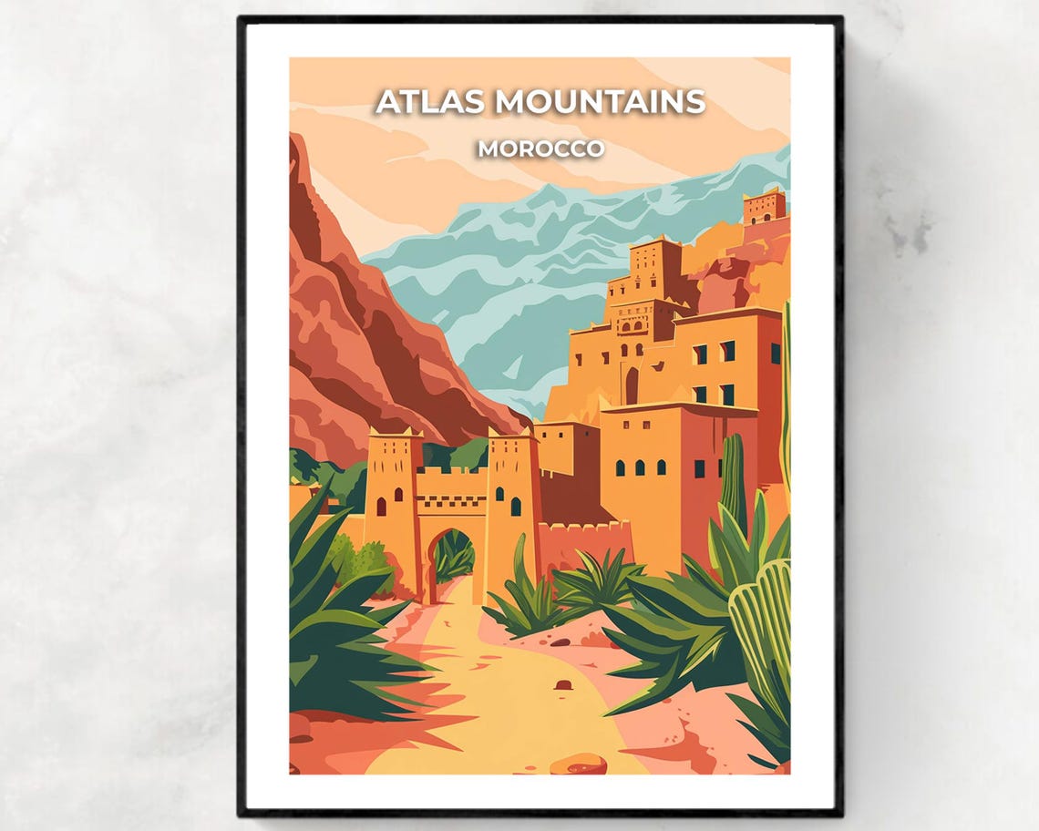 Atlas Mountains Morocco Ancient Kasbah Desert Oasis Travel Poster