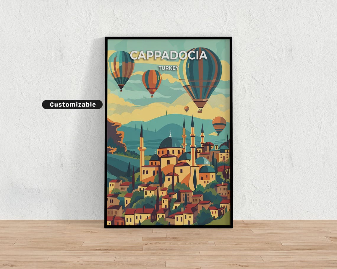 Cappadocia Turkey Hot Air Balloons Custom Vintage Travel Poster
