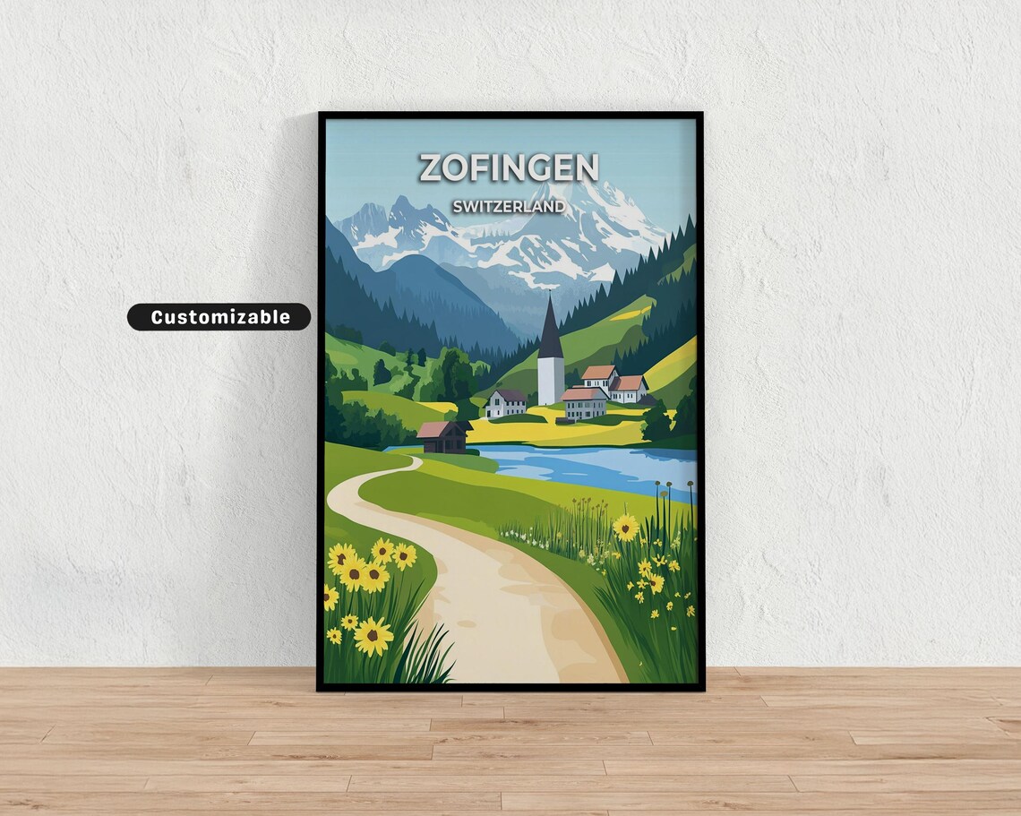 Zofingen Switzerland Colorful Alpine Village Travel Poster Church