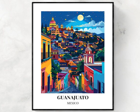 Guanajuato Night Hillside Town under Moonlight Mexico Poster
