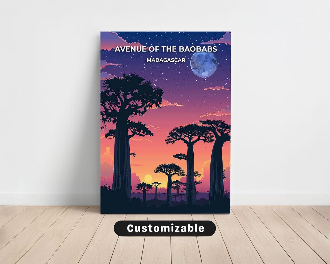 Avenue of the Baobabs Madagascar Moonlit Night Silhouette Poster