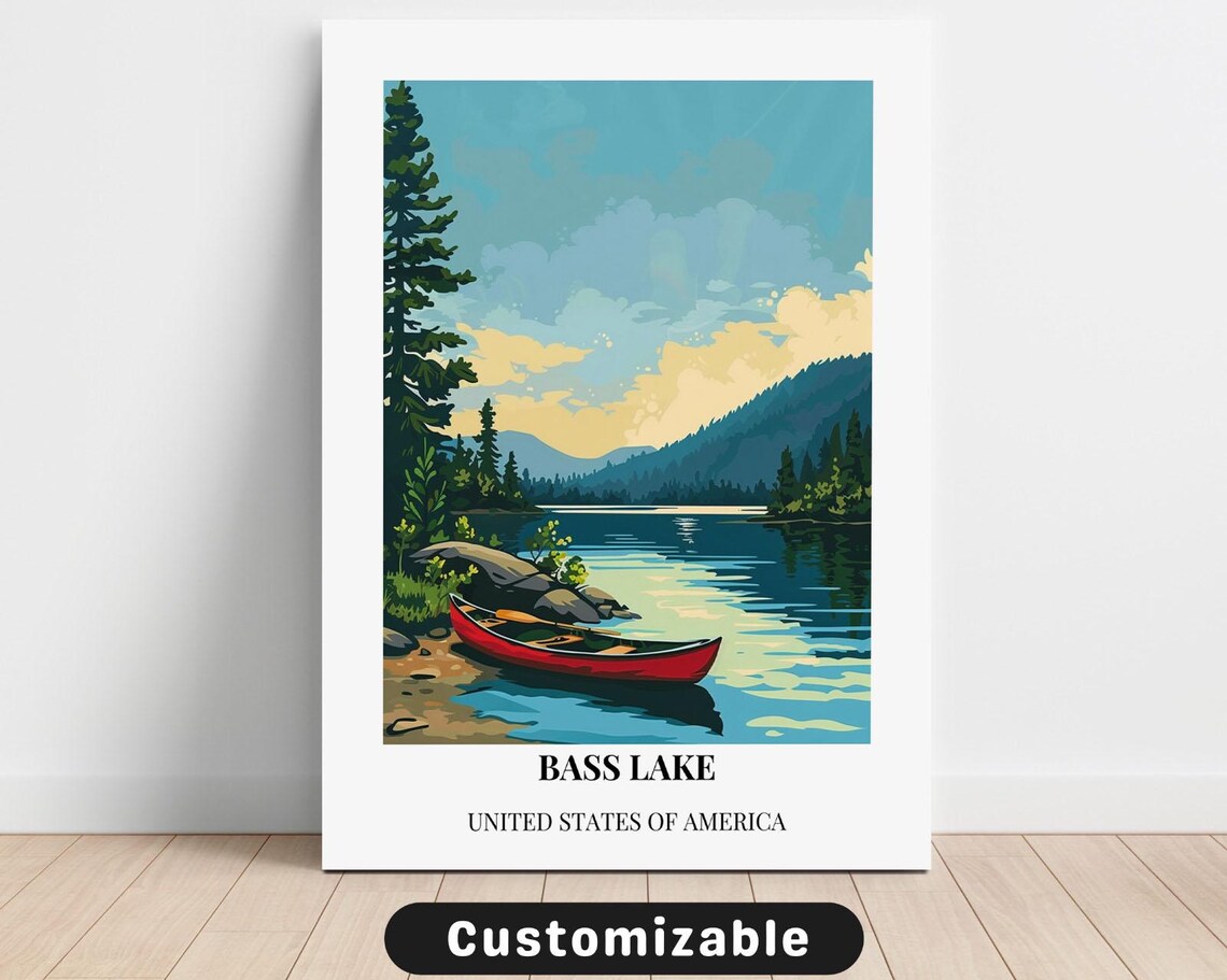 Bass Lake Red Canoe Pine Shore Mountains Classic Travel Poster