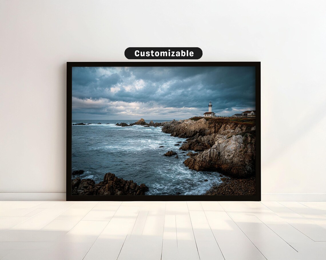 Rocky Coastline Lighthouse Moody Storm Sky Seascape Photography Poster