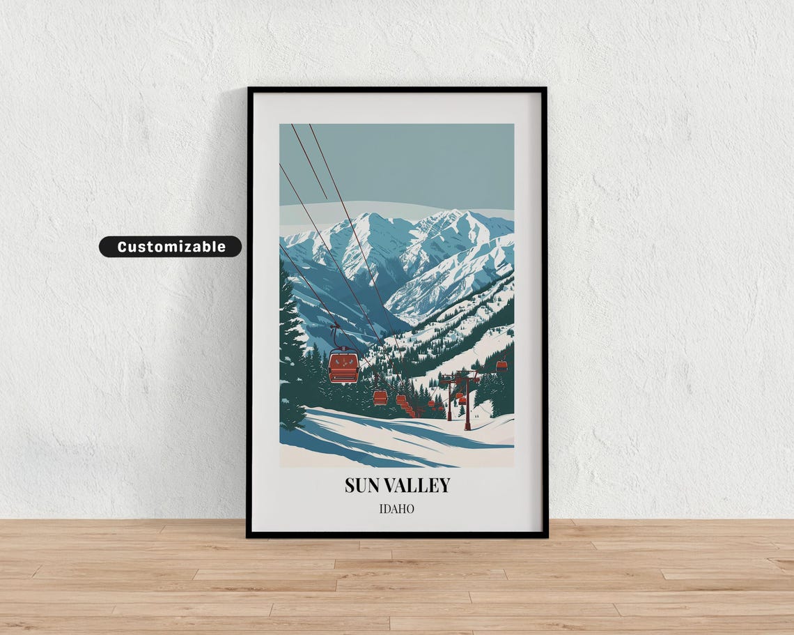 Sun Valley Idaho Ski Resort Gondola Lifts Snowy Mountain Retro Poster