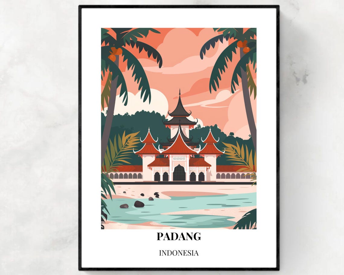 Padang Indonesia Riverside Temple Pavilion Sunset Travel Poster