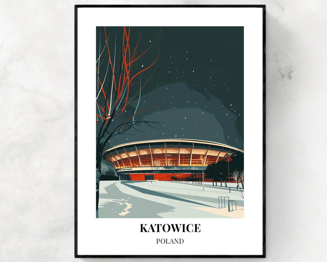 Katowice Poland Spodek Arena Winter Night Snowy Scene Poster