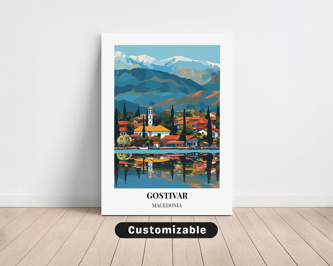 Gostivar Macedonia Lakeside Town Mountain Reflection Travel Poster
