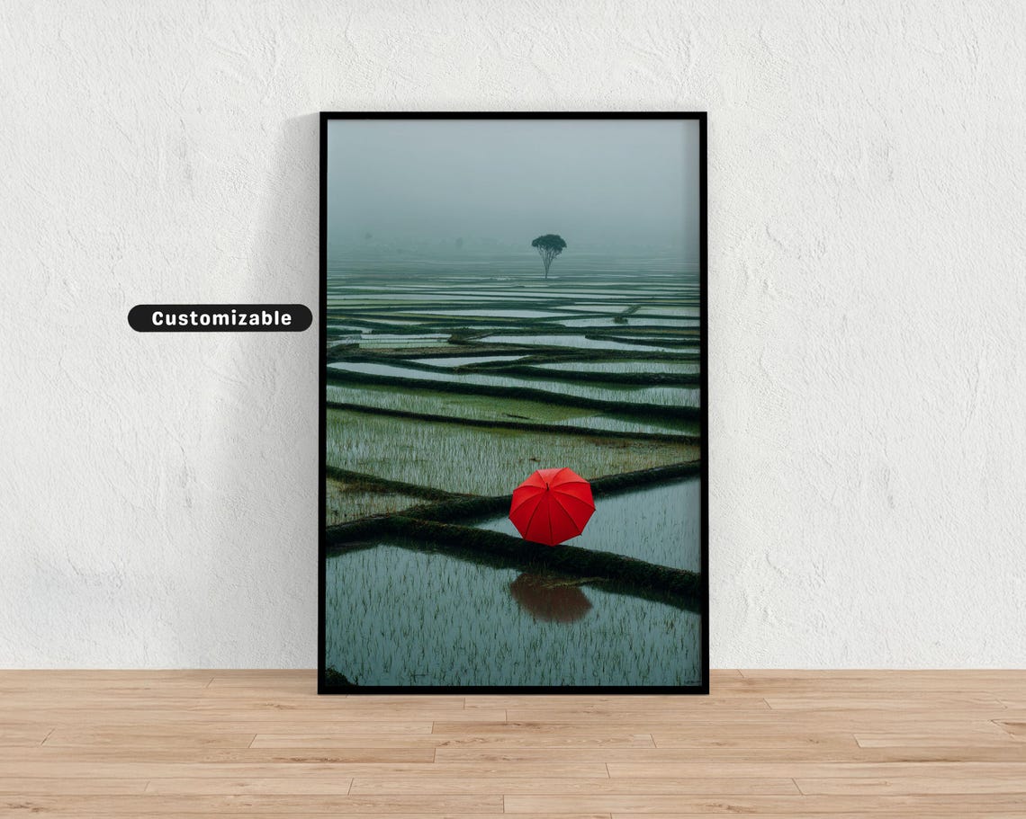 Red Umbrella Rice Field Poster Misty Japanese Rain Paddy Landscape Art