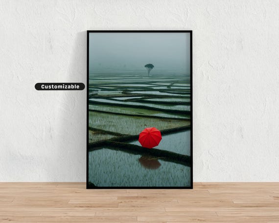 Red Umbrella Floating In Flooded Rice Field Under Rain Japanese Wall Art Print Zen Asian Decor