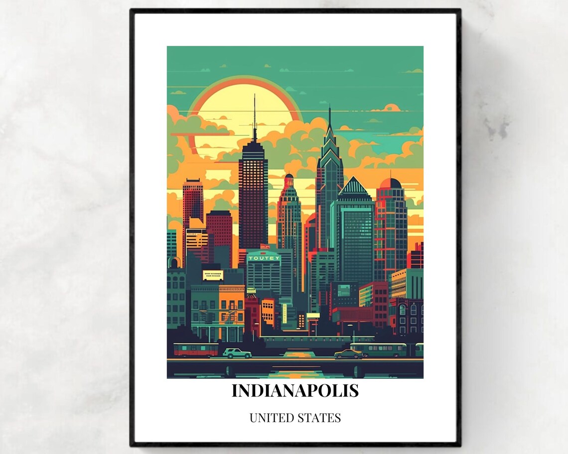 Indianapolis Retro Skyline at Sunrise With Giant Golden Sun Poster