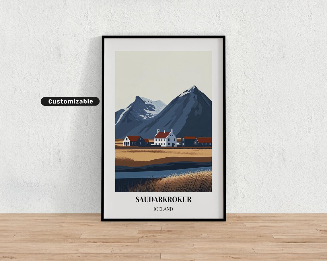 Saudarkrokur Iceland Mountain Village Golden Field Travel Poster