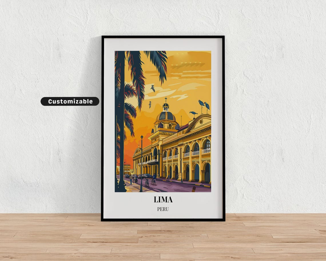 Lima Peru Colonial Arcade Building Golden Sunset Travel Poster