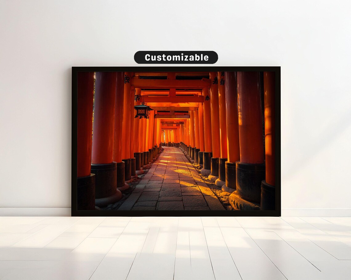 Kyoto Torii Gate Tunnel Golden Light Path Japan Shrine Photo Poster