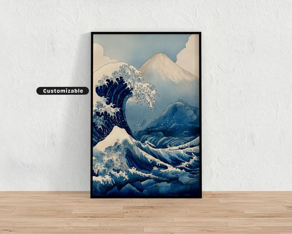 Hokusaiinspired Wave Crashing Into Rocky Shore With Mt Fuji Behind Japanese Wall Art Print Zen Asian Decor
