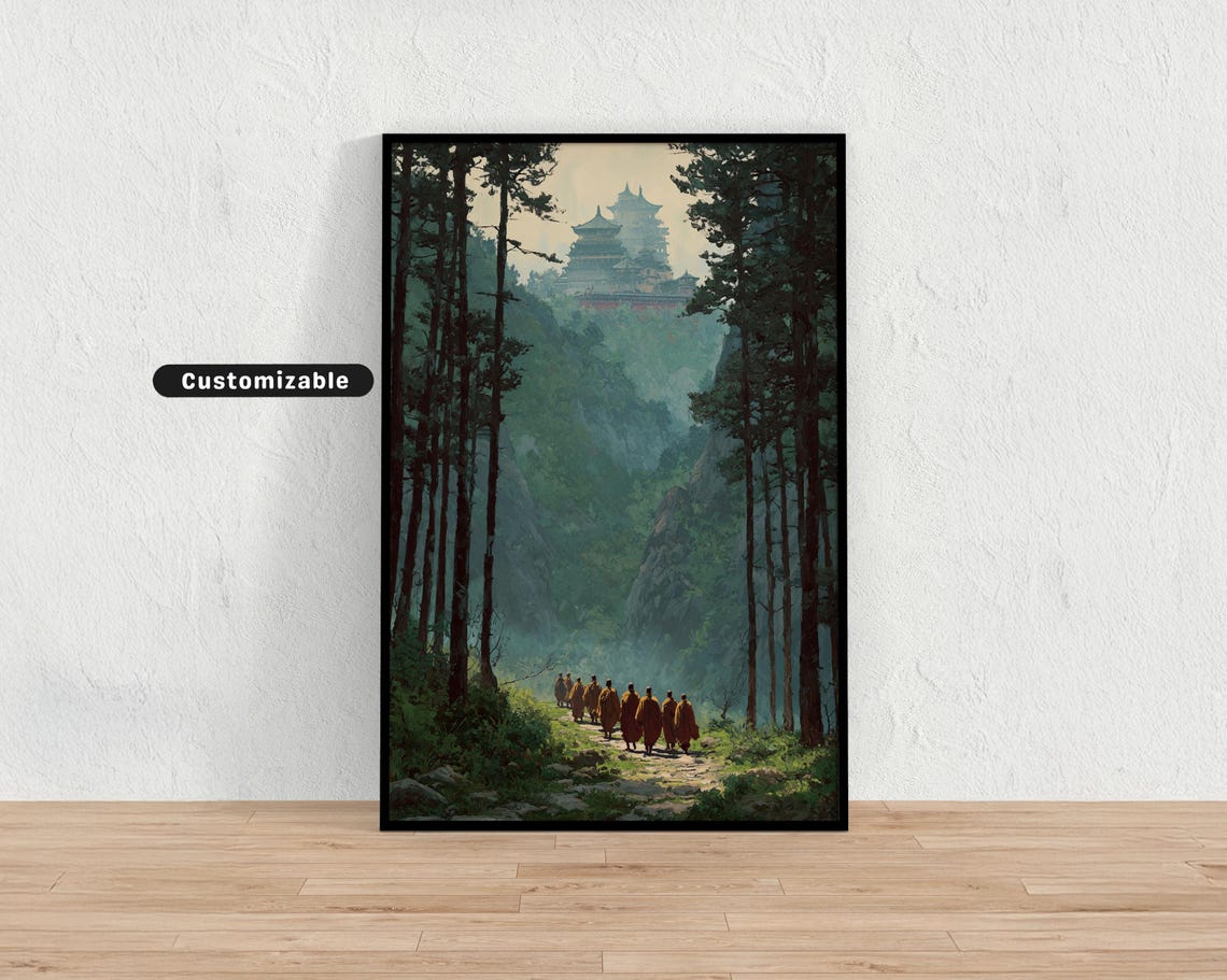 Monks Walking To Hidden Mountaintop Temple Japanese Forest Poster