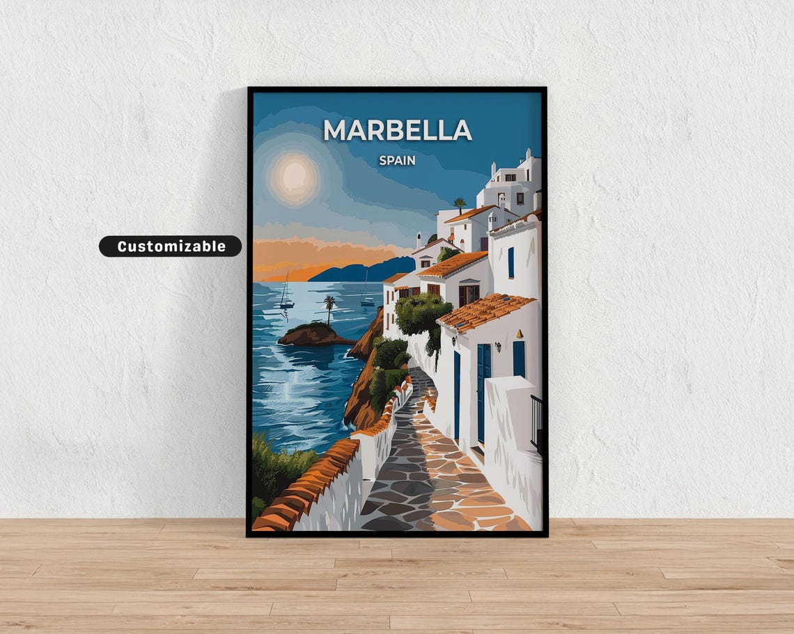 Marbella Spain Whitewashed Cliffside Village Sunset Travel Poster