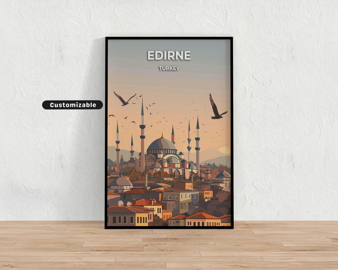 Edirne Turkey Selimiye Mosque Minarets Sunset Ottoman Travel Poster
