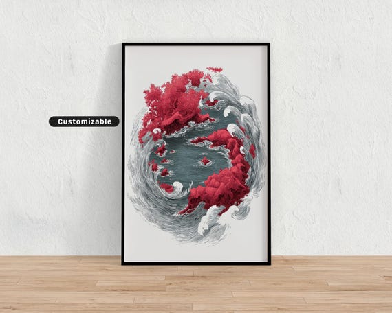 Ink Swirl Of Sea Waves Circling Red Coral Reef Island Japanese Wall Art Print Zen Asian Decor