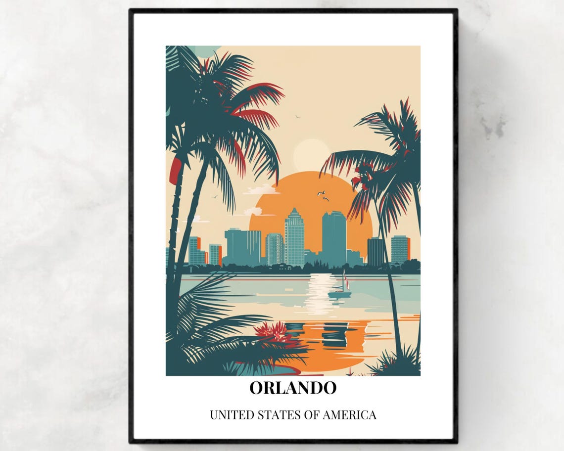 Orlando Florida Skyline Sunset Palm Waterfront Golden Glow Poster