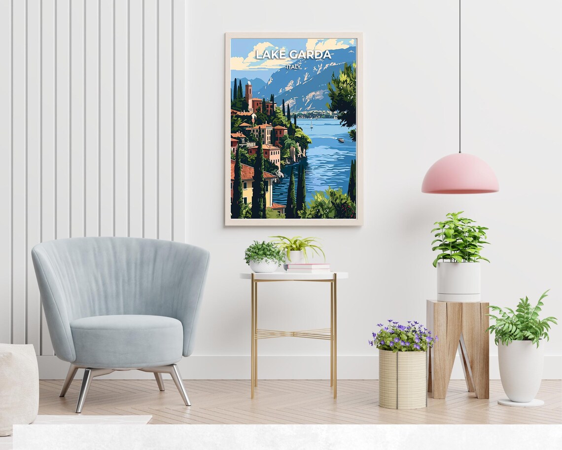 Lake Garda Lakeside Village Cypress Trees Italy Travel Poster - Image 2