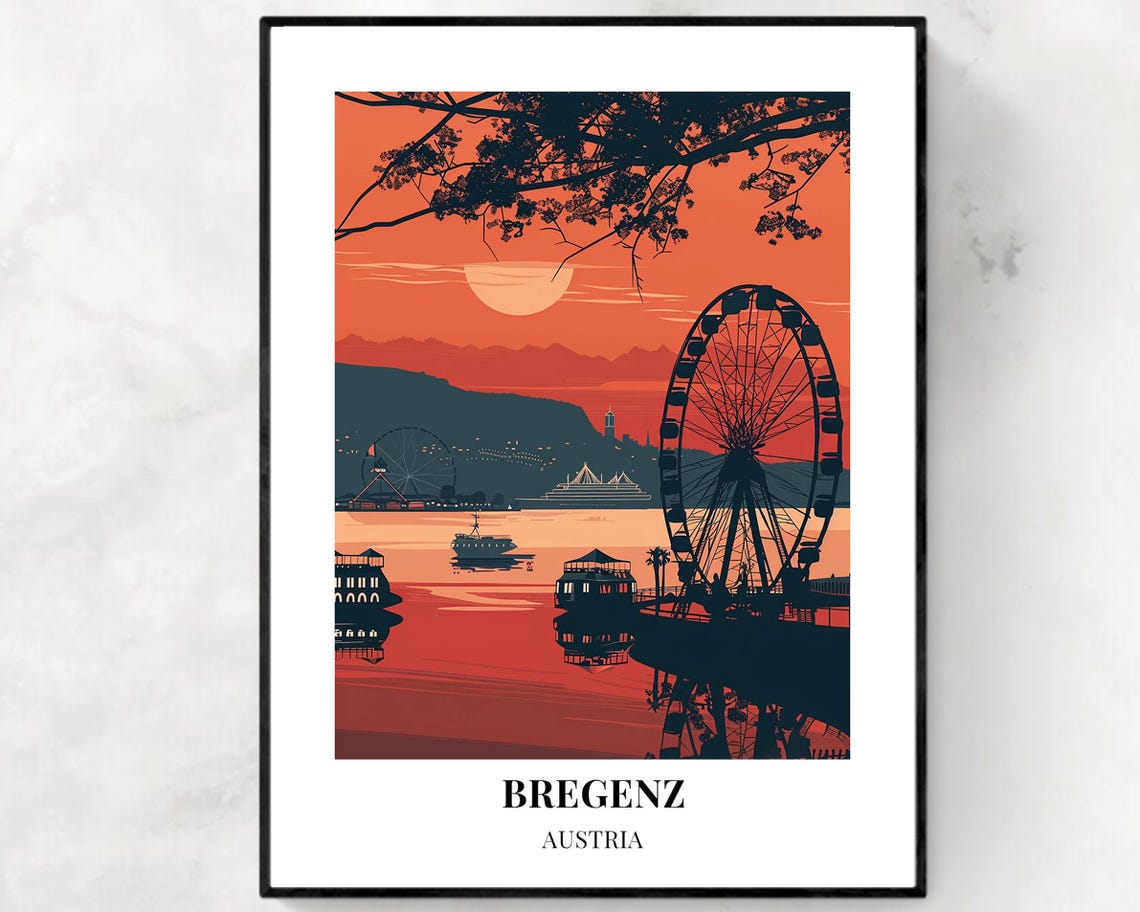 Bregenz Austria Sunset Ferris Wheel Lakeside Silhouette Poster