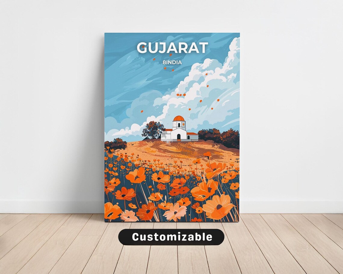 Gujarat India White Temple Orange Cosmos Field Retro Travel Poster