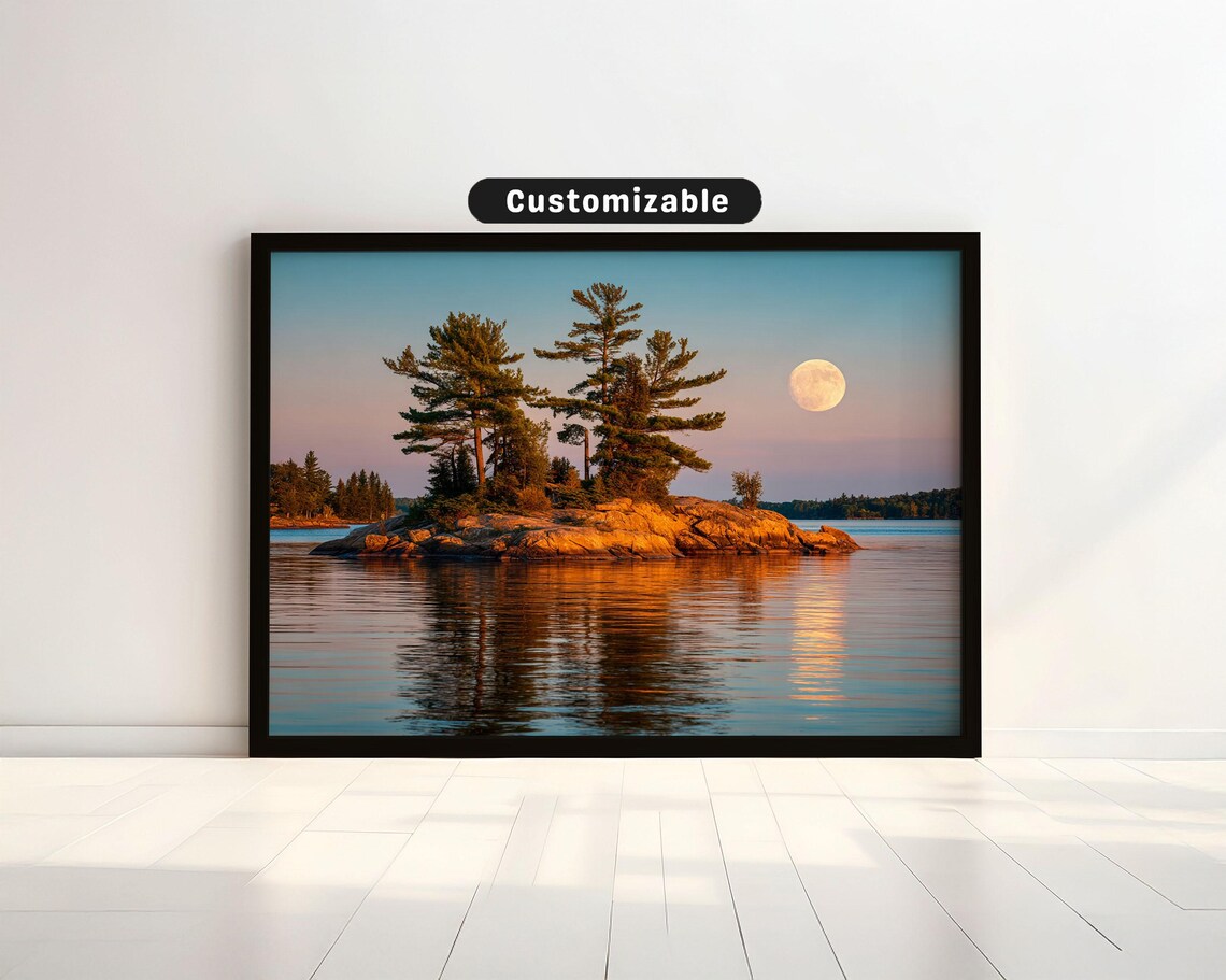 Pine Island Lake Full Moon Night Reflection Photo Landscape Art Poster