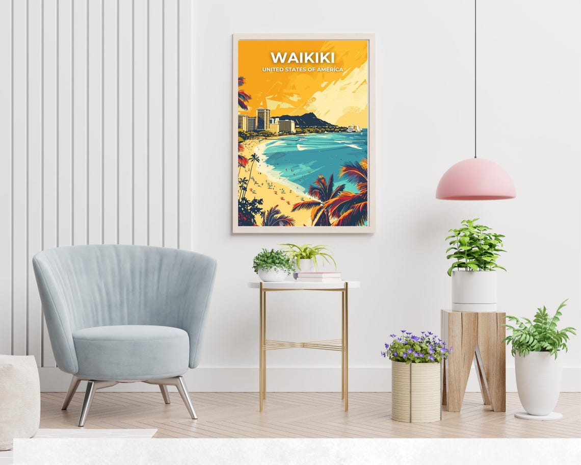 Waikiki Hawaii Diamond Head Beach Palm Trees Sunset Travel Poster - Image 2
