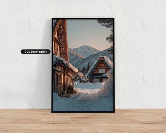 Japanese Village In Snow With Wooden Houses And Distant Mountains Wall Art Print Zen Asian Decor
