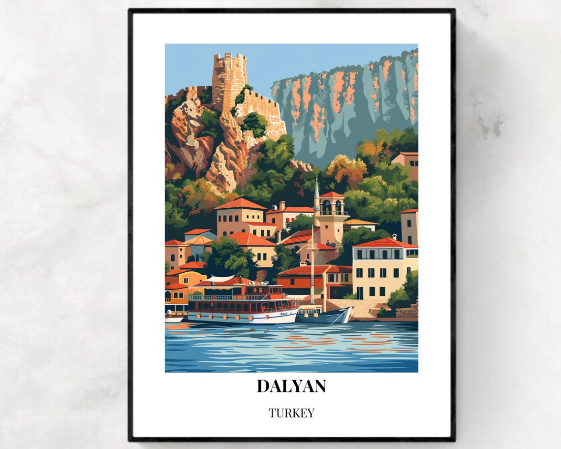 Dalyan Turkey Harbor Castle Waterfront Vintage Travel Poster