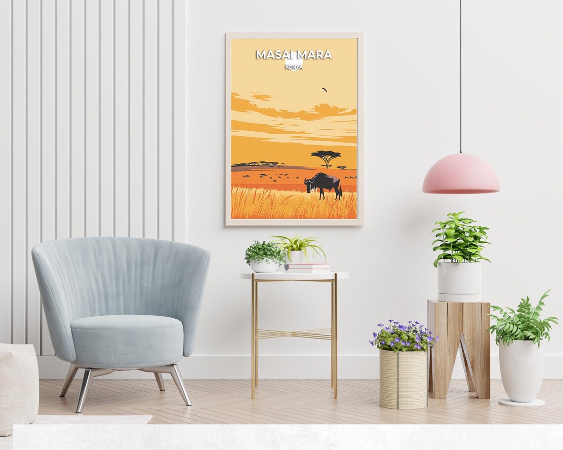 Masai Mara Kenya Wildebeest Golden Sunset Savanna Travel Poster - Image 2