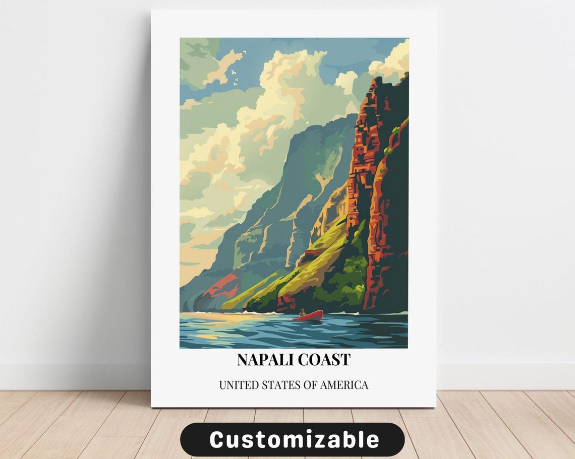Napali Coast Vintage Travel Poster Tropical Sea Cliffs Ocean Art