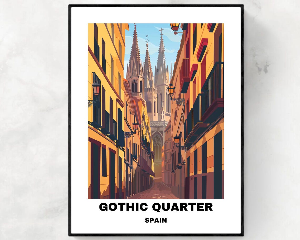 Barcelona Gothic Quarter Cathedral Vintage Spain Travel Poster