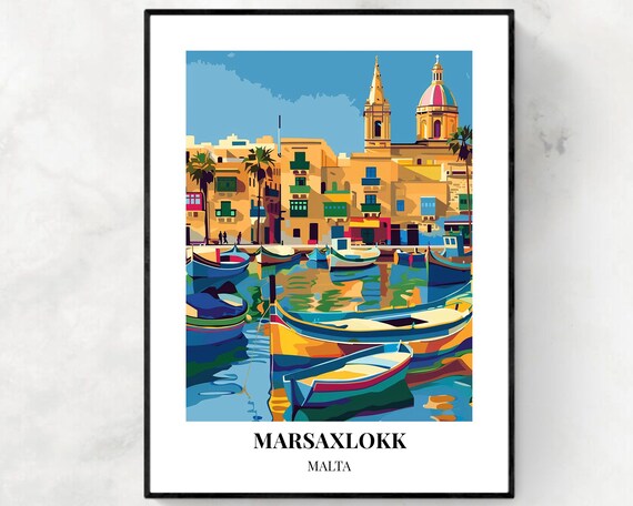 Marsaxlokk Malta Harbor Waterfront Boats Houses Reflection Travel Poster