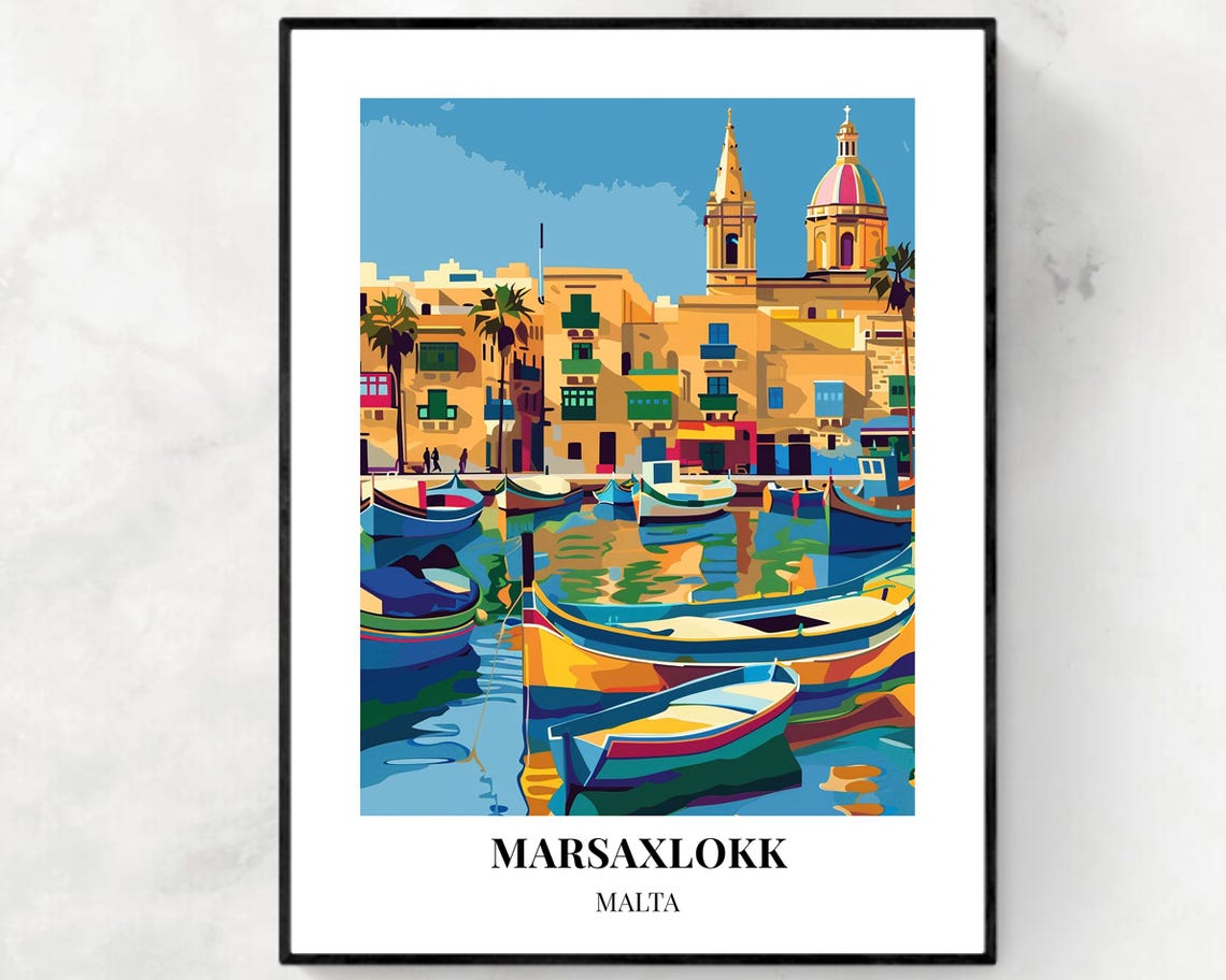 Marsaxlokk Malta Harbor Waterfront Boats Houses Reflection Travel Poster