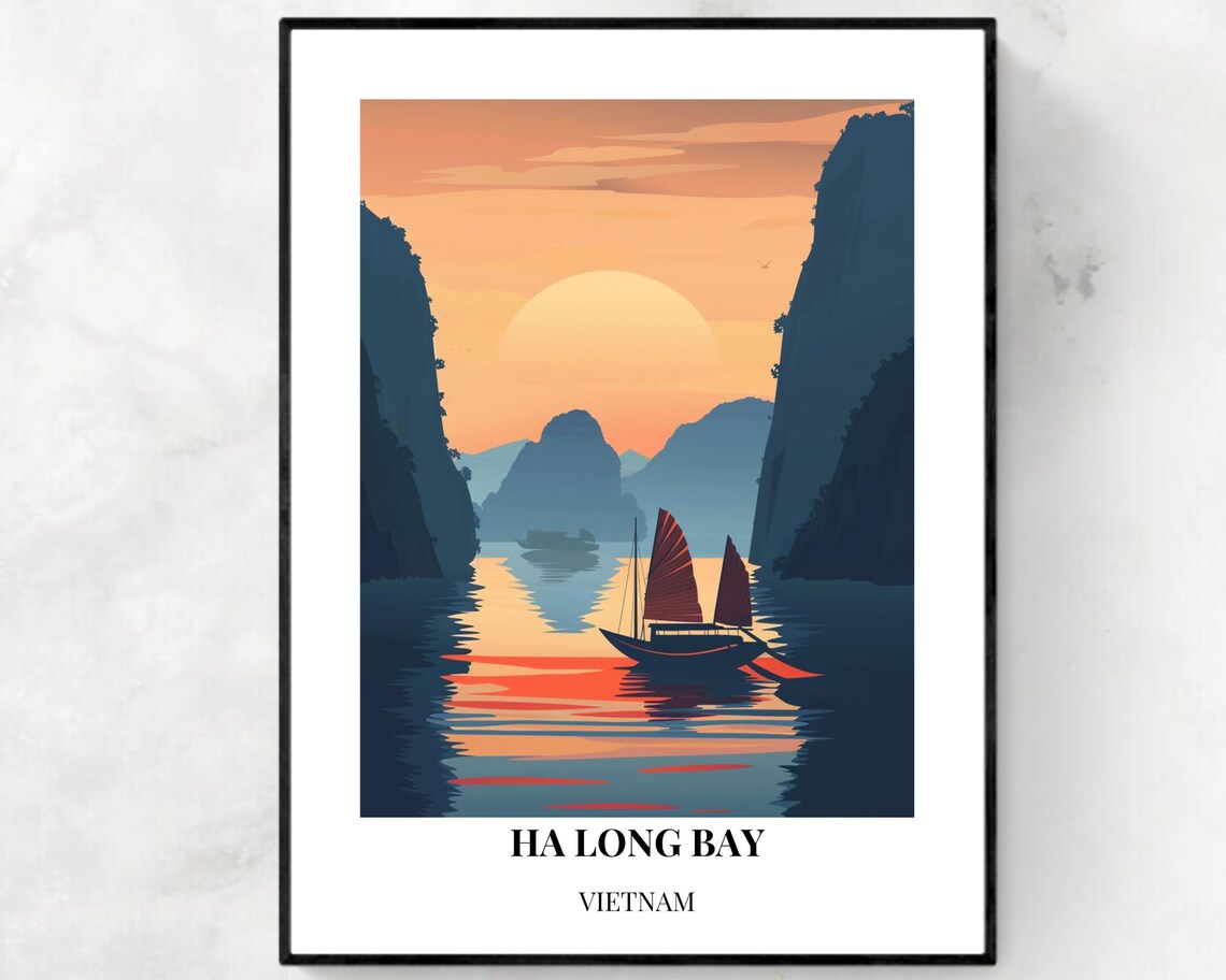 Ha Long Bay Vietnam Golden Sunset Sailboat Calm Water Poster