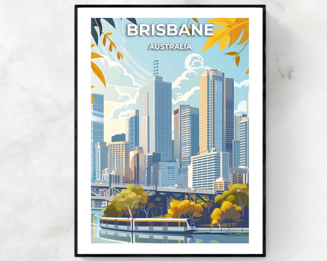 Brisbane Australia City Skyline River Ferry Daytime Travel Poster