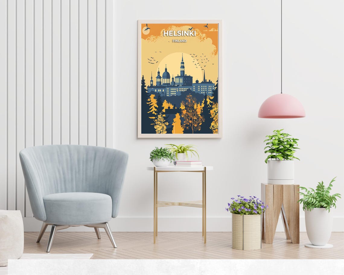 Helsinki Finland Retro Skyline Cathedral Sunset Birds Travel Poster - Image 2