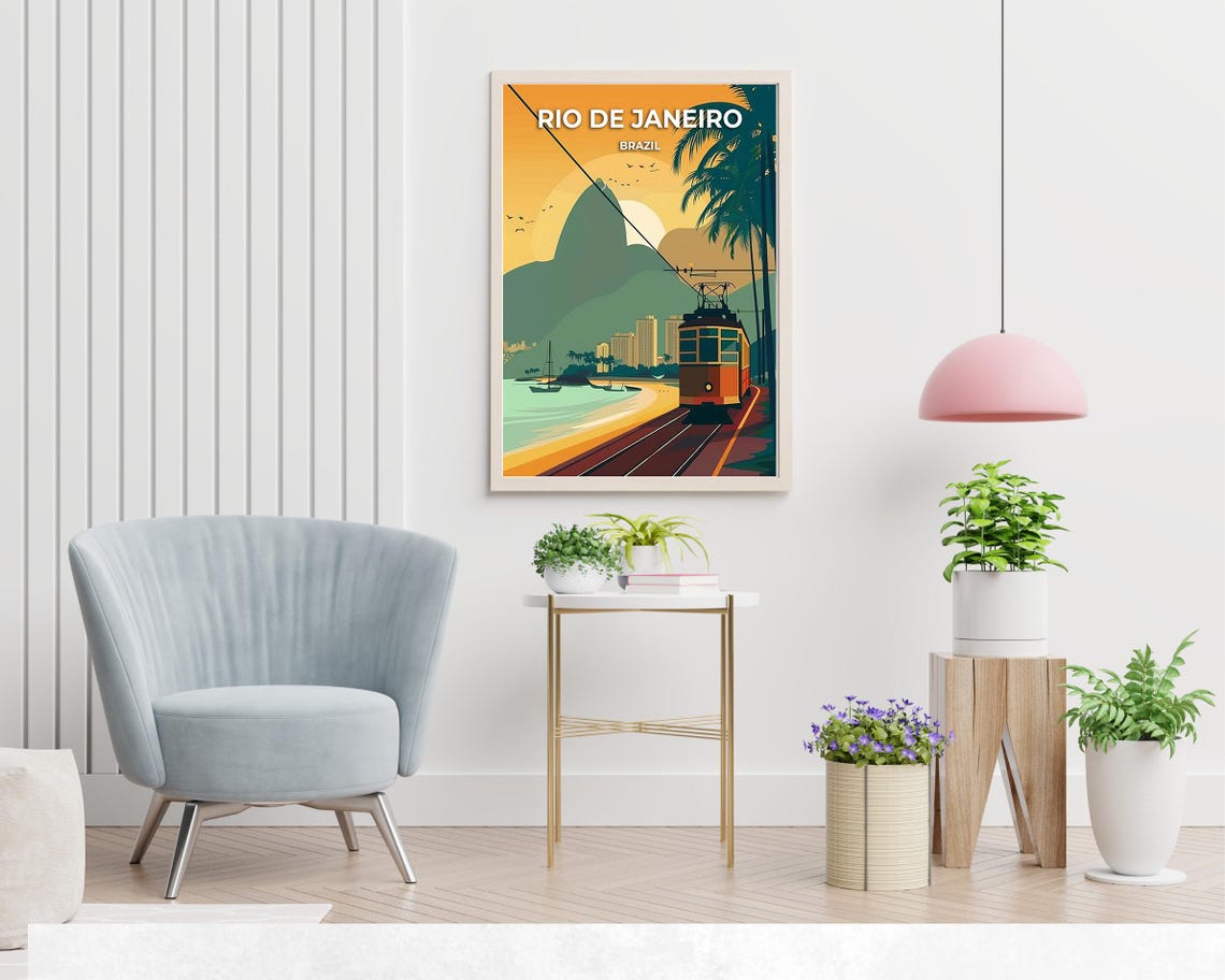 Rio de Janeiro Brazil Vintage Tram Poster with Sugarloaf at Sunset - Image 2
