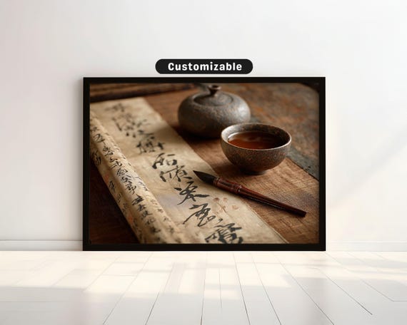 Calligraphy Scroll Unrolled Beside Tea Set And Brush Japanese Wall Art Print Zen Asian Decor